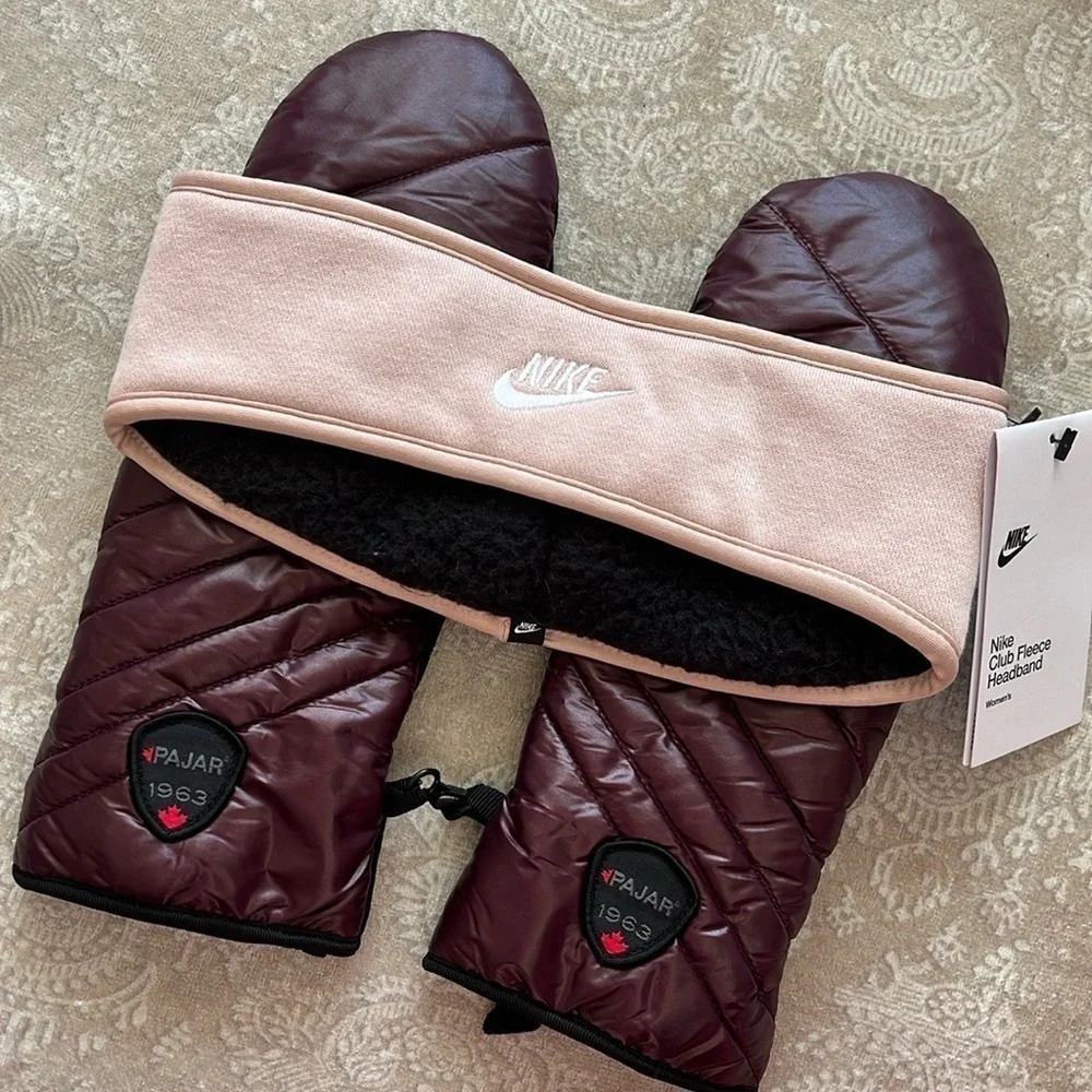 NWT Nike Club Fleece Pink Headband & NWOT Pajar 1963 Canada Burgundy Mittens Set